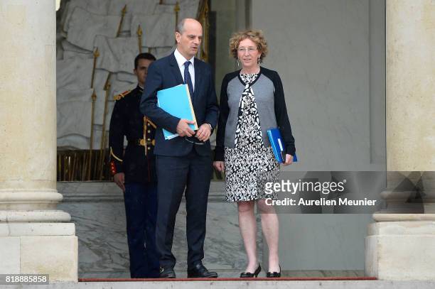 French Minister of National Education Jean-Michel Blanquer and French Minister of Labor Muriel Penicaud leave the Elysee Palace after the weekly...