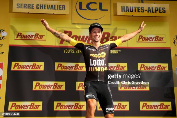 Primoz Roglic of Slovenia riding for Team Lotto NL-Jumbo poses for a photo on the podium after winning stage 17 of the 2017 Le Tour de France, a...