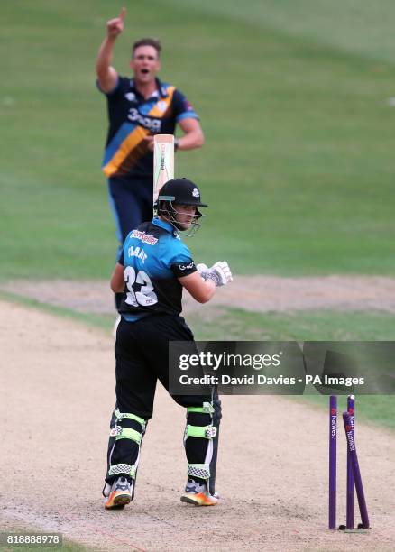 Worcestershire Rapids Joe Clarke is bowled by Derbyshire's Hardus Viljoen during the NatWest T20 Blast match at New Road, Worcester.