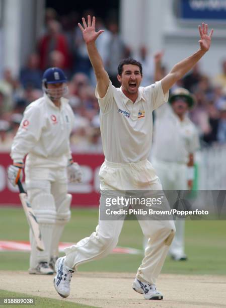 Jason Gillespie of Australia claims the wicket of England batsman Ian Ward, lbw for 13, in the 3rd Test match between England and Austraiia at Trent...