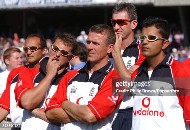 England players Mark Butcher, Darren Gough, Alec Stewart, Andy Caddick and Usman Afzaal look on during the presentation ceremony after the 5th Test...