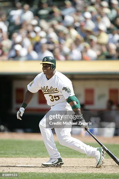 Frank Thomas of the Oakland Athletics hits during the game against the Baltimore Orioles at McAfee Coliseum in Oakland, California on May 7, 2008....