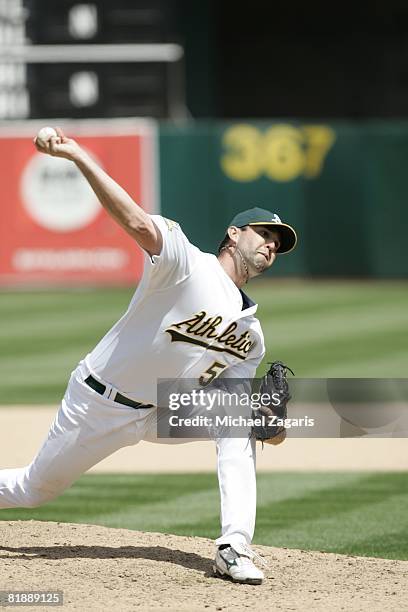 Andrew Brown of the Oakland Athletics pitches during the game against the Baltimore Orioles at McAfee Coliseum in Oakland, California on May 7, 2008....