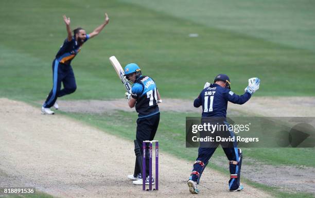 Imran Tahir of Derbyshire celebrates after taking the wicket of Mitchell Santner during the NatWest T20 Blast match between Worcestershrie Rapids and...