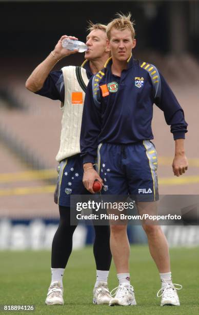 Australian cricketers Brett Lee and Andy Bichel during a training session before the 4th Test match between Australia and England at the MCG,...