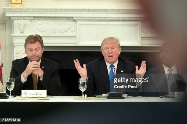 President Donald Trump delivers remarks on health care and Republicans' inability thus far to replace or repeal the Affordable Care Act, beside Sen....
