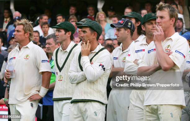 Australian cricketers Shane Warne, Damien Martyn, Matthew Hayden, Justin Langer, Simon Katich, Jason Gillespie, Adam Gilchrist and Brett Lee watch...