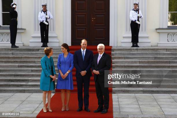 German President Frank-Walter Steinmeier and First Lady Elke Buedenbender greet Catherine, Duchess of Cambridge, and Prince William, Duke of...