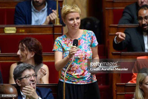 Left wing Deputy Clementine Autain asks a question to Ministers during the weekly questions to the government at Assemblee Nationale on July 19, 2017...