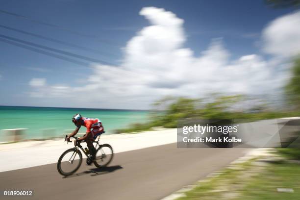 Nashen Ysaguirre of Belize competes in the Boys Individual Time Trial Final on day 2 of the 2017 Youth Commonwealth Games on July 19, 2017 in Nassau,...