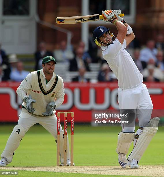 England batsman Kevin Pietersen hits six runs watched by Mark Boucher during day one of the First Test match between England and South Africa at...