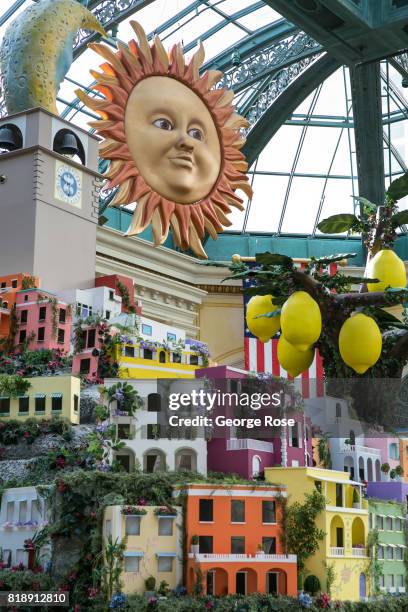 Summer display of flowers and sculptures located off the lobby of the Bellagio Hotel & Casino is viewed on July 13, 2017 in Las Vegas, Nevada....