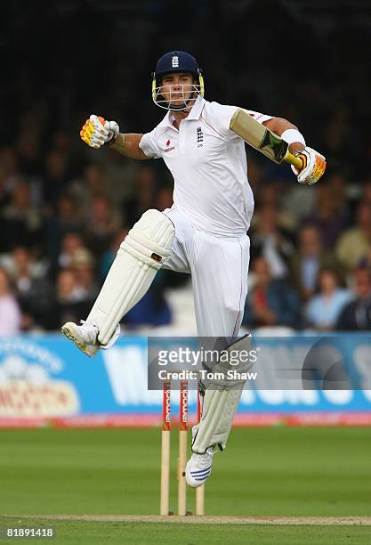 Kevin Pietersen of England celebrates his century during day one of the First Test match between England and South Africa at Lord's Cricket Ground on...