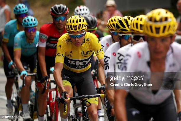 Christopher Froome of Great Britain riding for Team Sky in the leader's jersey rides in the peloton during stage 17 of the 2017 Le Tour de France, a...