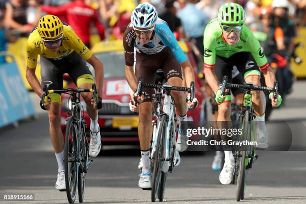 Rigoberto Uran of Colombia riding for Cannondale Drapac, Romain Bardet of France riding for AG2R La Mondiale and Christopher Froome of Great Britain...