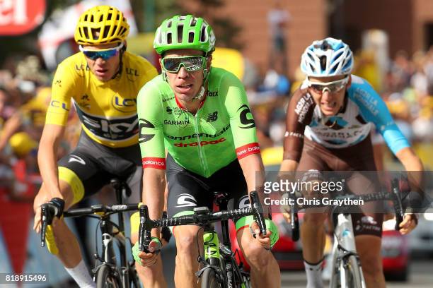 Rigoberto Uran of Colombia riding for Cannondale Drapac, Romain Bardet of France riding for AG2R La Mondiale and Christopher Froome of Great Britain...