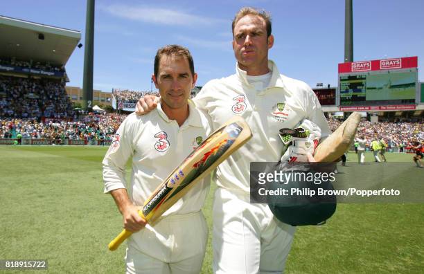 Australian openers Justin Langer and Matthew Hayden at the end of the 5th Test match between Australia and England at the SCG, Sydney, Australia, 5th...