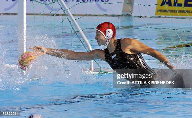 Hungarian goalkeeper Patricia Horvath saves a Spanish penalty shoot in the aquatic centre of Malaga on July 10, 2008 during a semifinal match in the...