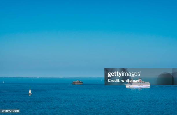 england's south coast with brittany ferries ship and old fort - the solent stock pictures, royalty-free photos & images