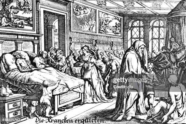in einem mittelalterlichen krankenzimmer mit kranken menschen und verwandte zu besuchen, - medieval stock-grafiken, -clipart, -cartoons und -symbole