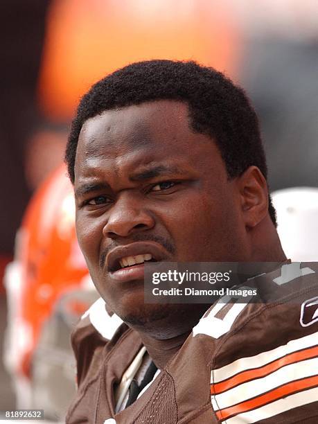 Offensive lineman Melvin Fowler of the Cleveland Browns watches the action on the field during a game with the Philadelphia Eagles on October 24,...
