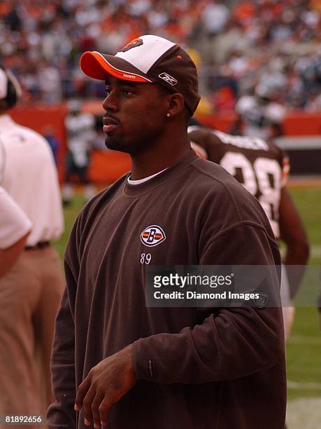 Wide receiver Richard Alston of the Cleveland Browns watches the action during a game with the Philadelphia Eagles on October 24, 2004 at Cleveland...