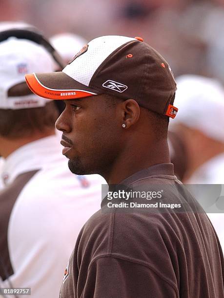 Wide receiver Richard Alston of the Cleveland Browns watches the action on the field from the sidelines during a game with the Philadelphia Eagles on...