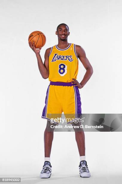 Kobe Bryant of the Los Angeles Lakers smiles during a photoshoot in Inglewood, California circa 1997. NOTE TO USER: User expressly acknowledges and...