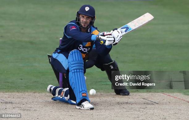 Billy Godleman of Derbyshire pulls the ball during the NatWest T20 Blast match between Worcestershrie Rapids and Derbyshire Falcons at New Road on...