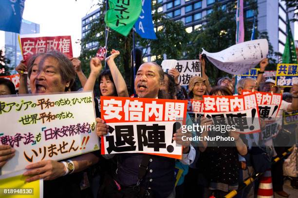 Anti-Abe protesters gather in front of the Tokyo parliament to protest against the policies of Shinzo Abe and to call on the Japanese prime minister...
