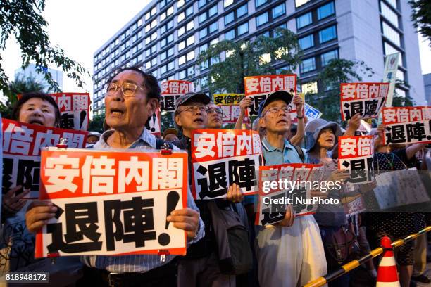 Anti-Abe protesters gather in front of the Tokyo parliament to protest against the policies of Shinzo Abe and to call on the Japanese prime minister...