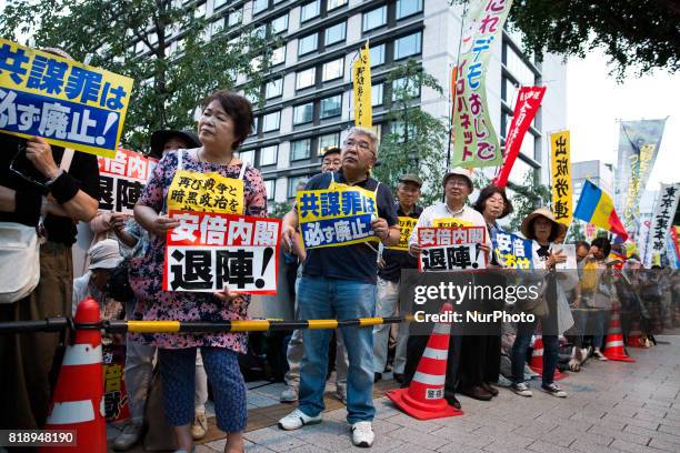 Anti-Abe protesters gather in front of the Tokyo parliament to protest against the policies of Shinzo Abe and to call on the Japanese prime minister...