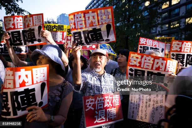 Anti-Abe protesters gather in front of the Tokyo parliament to protest against the policies of Shinzo Abe and to call on the Japanese prime minister...