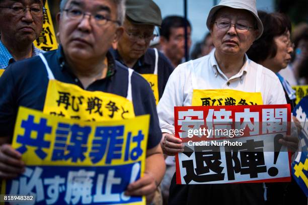 Anti-Abe protesters gather in front of the Tokyo parliament to protest against the policies of Shinzo Abe and to call on the Japanese prime minister...