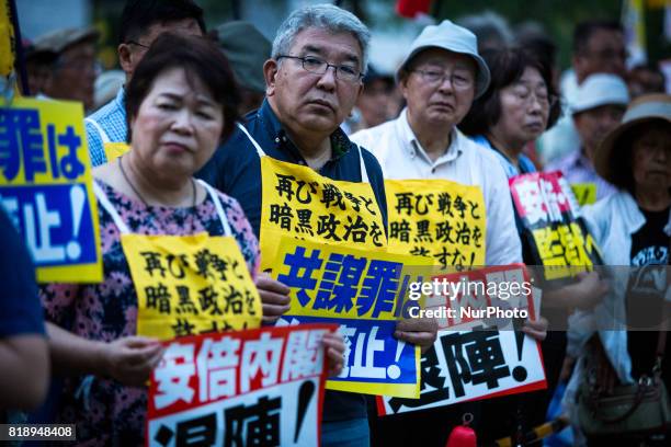 Anti-Abe protesters gather in front of the Tokyo parliament to protest against the policies of Shinzo Abe and to call on the Japanese prime minister...