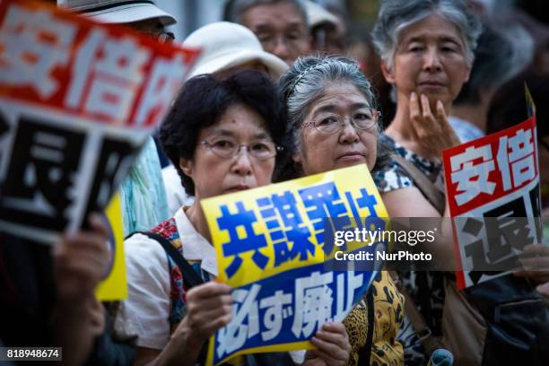 Anti-Abe protesters gather in front of the Tokyo parliament to protest against the policies of Shinzo Abe and to call on the Japanese prime minister...