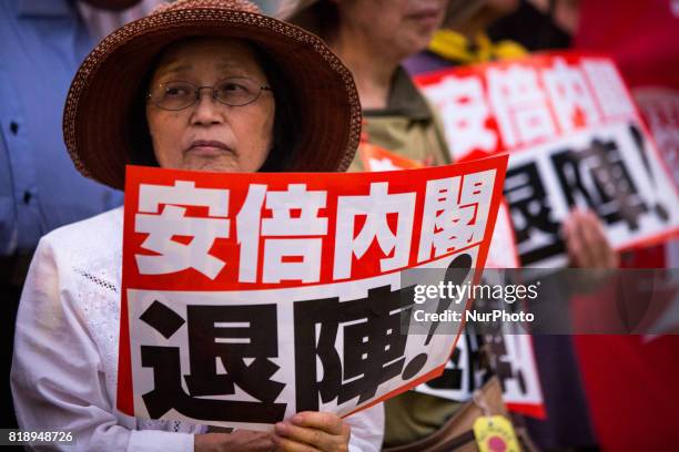 Anti-Abe protesters gather in front of the Tokyo parliament to protest against the policies of Shinzo Abe and to call on the Japanese prime minister...