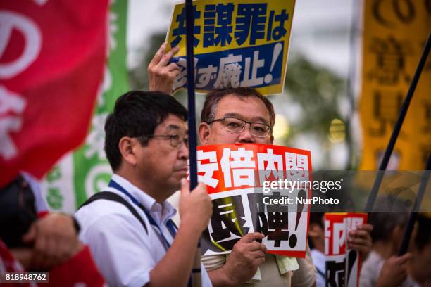 Anti-Abe protesters gather in front of the Tokyo parliament to protest against the policies of Shinzo Abe and to call on the Japanese prime minister...