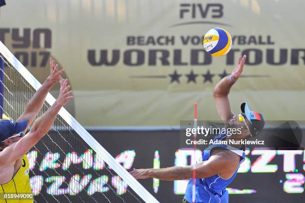 Australia's Christopher McHugh against Ukraine Sergiy Popov during FIVB Grand Tour - Olsztyn: Day 1 on July 19, 2017 in Olsztyn, Poland.