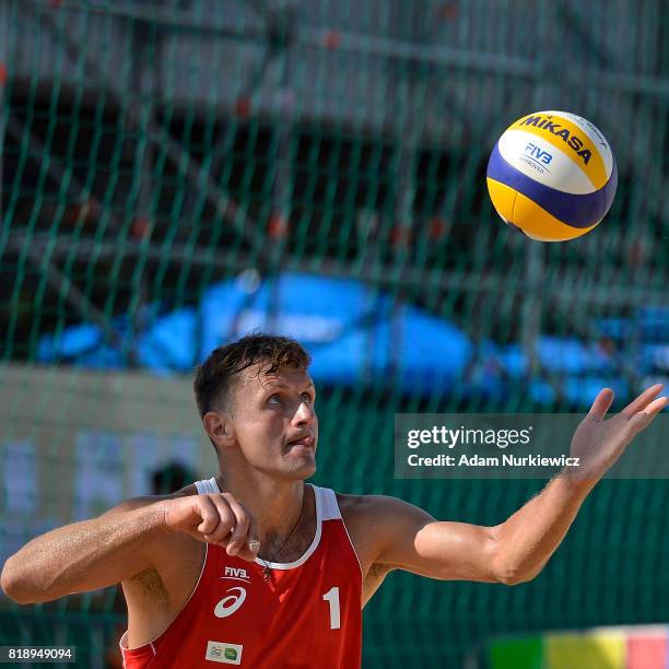 Serving Belarus's Aliaksandr Kavalenka during FIVB Grand Tour - Olsztyn: Day 1 on July 19, 2017 in Olsztyn, Poland.