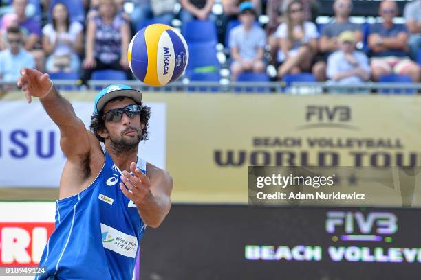 Argentina's Julian Amadp Azaad serving the Mikasa during FIVB Grand Tour - Olsztyn: Day 1 on July 19, 2017 in Olsztyn, Poland.