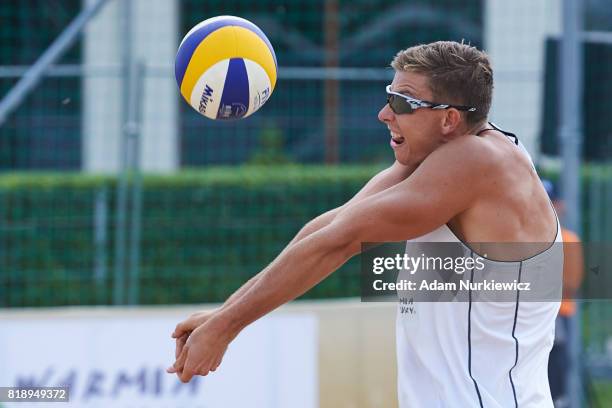 The Czech Republic's David Schweiner bumping the Mikasa during FIVB Grand Tour - Olsztyn: Day 1 on July 19, 2017 in Olsztyn, Poland.