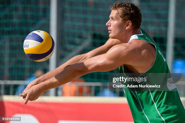 Sam O'Dea of New Zealand sets the Mikasa during FIVB Grand Tour - Olsztyn: Day 1 on July 19, 2017 in Olsztyn, Poland.