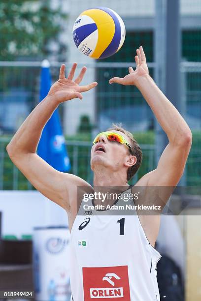 The Czech Republic's Ondrej Perusic sets the Mikasa during FIVB Grand Tour - Olsztyn: Day 1 on July 19, 2017 in Olsztyn, Poland.