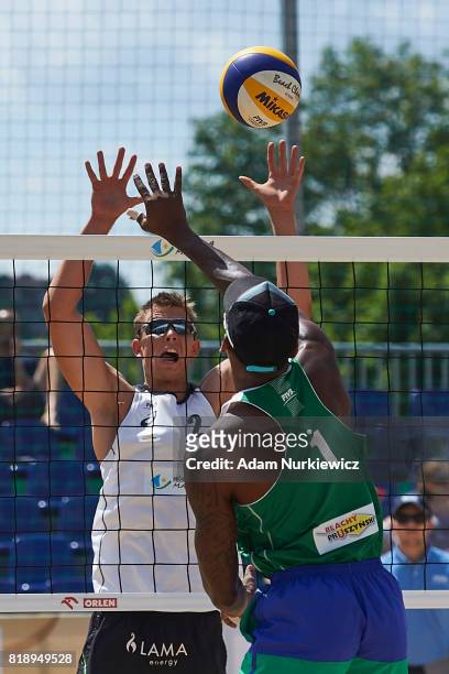 Battling at the net The Czech Republic's David Schweiner with South Africa's Jamaine Naidoo during FIVB Grand Tour - Olsztyn: Day 1 on July 19, 2017...