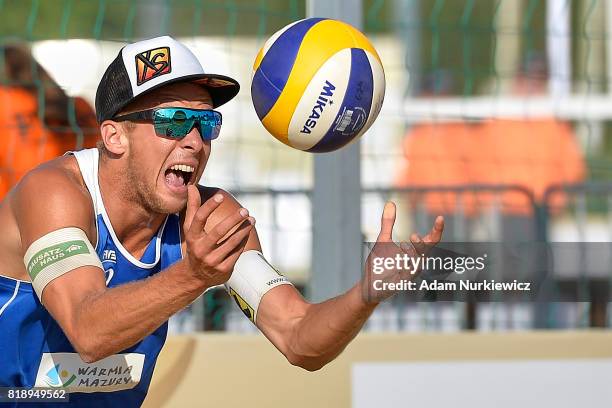 Austria's Florian Schnetzer serves during FIVB Grand Tour - Olsztyn: Day 1 on July 19, 2017 in Olsztyn, Poland.