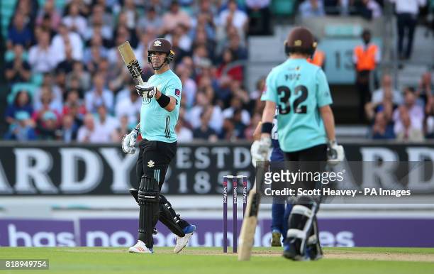 Surrey's Kevin Pietersen celebrates his half century during the NatWest T20 Blast match at The Oval, London.