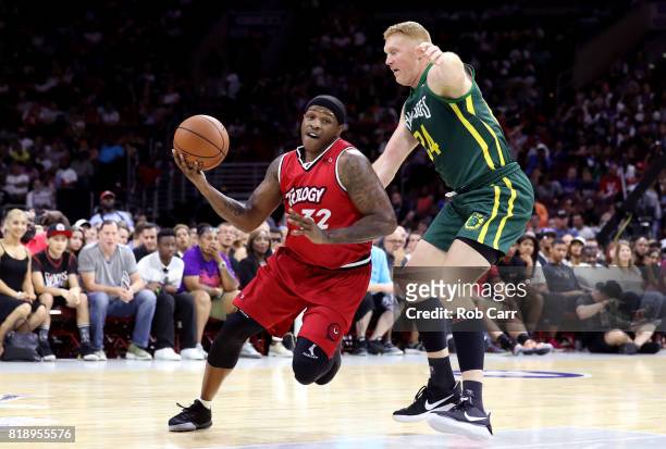 Rashad McCants of Trilogy handles the ball against Brian Scalabrine of the Ball Hogs during week four of the BIG3 three on three basketball league at...