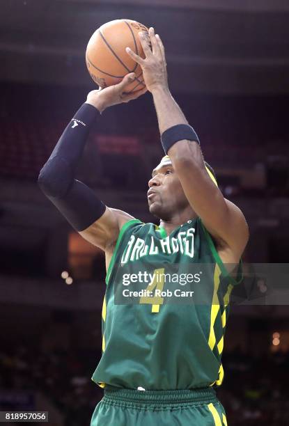 Derrick Byars of the Ball Hogs shoots against Trilogy during week four of the BIG3 three on three basketball league at Wells Fargo Center on July 16,...