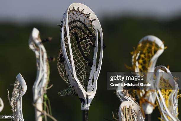 Detail shot of lacrosse sticks of Wales players during the quarter final match between England and Wales during the 2017 FIL Rathbones Women's...